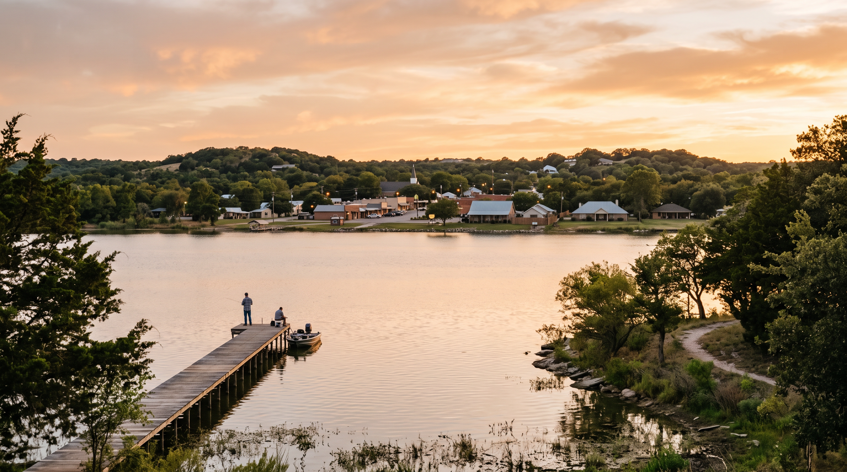 Cedar Ridge Lake at golden hour with a small North Texas town on the shore